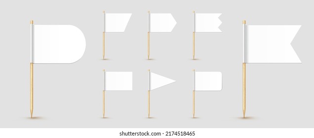 Banderas dentadas aisladas en bastón de madera con papel blanco. Pequeña elección realista para el almuerzo. Decoración de cócteles vectores.