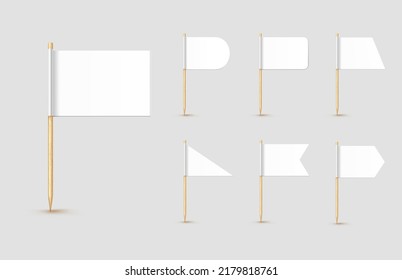 Toothpick flags isolated on wood stick with white paper. Realistic little tooth pick for lunch. Vector cocktail decoration.