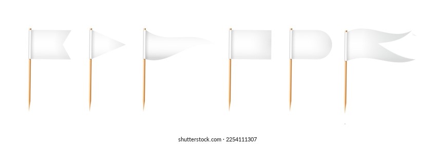 Banderas para recoger dientes. Muelles de madera con bandera de papel blanco. Marca de ubicación, puntero de mapa. Vector