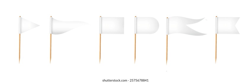 Toothpick flags. Wooden toothpicks with white paper flag. Location mark, map pointer. Vector