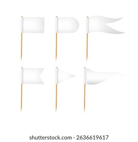 Toothpick flags. Wooden toothpicks with white paper flag. Location mark, map pointer. Vector