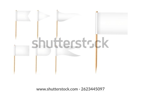 Toothpick flags. Wooden toothpicks with white paper flag. Location mark, map pointer. Vector