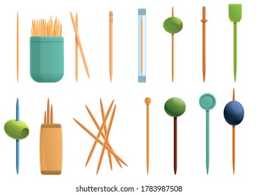 Toothpick icons set. Cartoon set of toothpick vector icons for web design