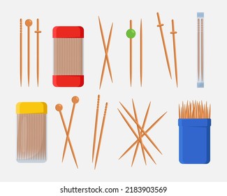 Toothpicks for cocktails or food vector illustrations set. Wooden picks or sticks for drinks or picking teeth isolated on white background. Food, dental or oral hygiene, party concept svg