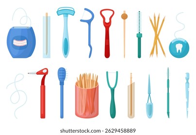Toothpicks and flosses. Elements of dental and oral hygiene, plastic wooden toothpick and brushes. Isolated different stomatology items, neoteric vector set