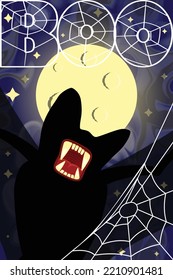Toothy bat, huge moon, web and word boo, halloween vector illustration