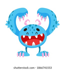 Toothy Blue Monster con cuernos de pie e iluminación vectorial sonriente