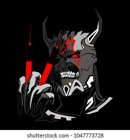 A toothy demon on a black background. Demon dependency. Harm to drugs