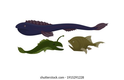 Toothy Extinct Fish from Deep Sea as Gill-bearing Aquatic Animals Vector Set