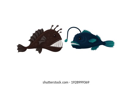 Toothy Extinct Fish from Deep Sea as Gill-bearing Aquatic Animals Vector Set