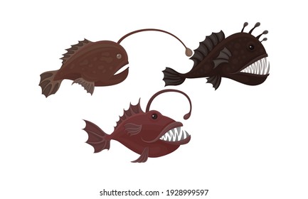 Toothy Extinct Fish from Deep Sea as Gill-bearing Aquatic Animals Vector Set