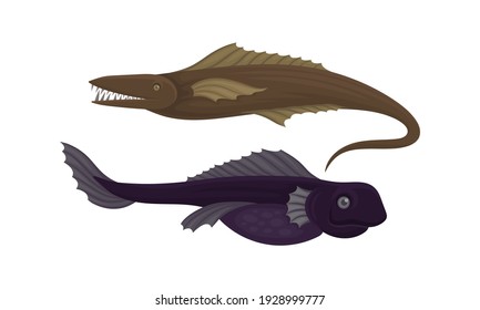 Toothy Extinct Fish from Deep Sea as Gill-bearing Aquatic Animals Vector Set