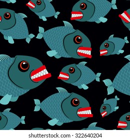 Toothy fish seamless background. Evil piranhas in sea. Vector ornament ocean creatures.