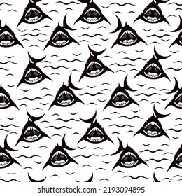 Toothy fish shark on a white background, seamless pattern for textile print cover fabric, decoration packaging design. Marine pattern childrens flat illustration