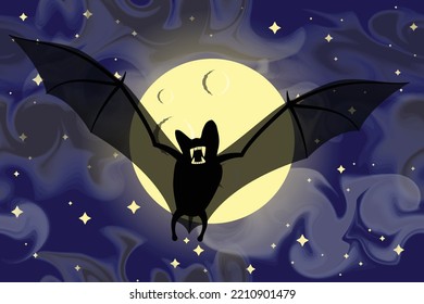 Toothy flying bat on the background of a huge moon, vector illustration