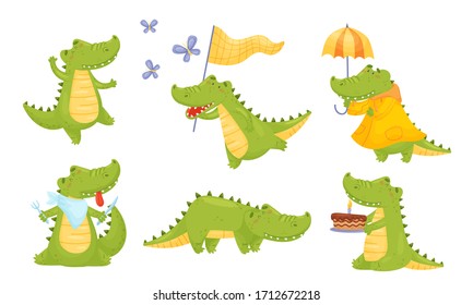 Toothy Friendly Crocodile Dancing and Walking with Umbrella Vector Set