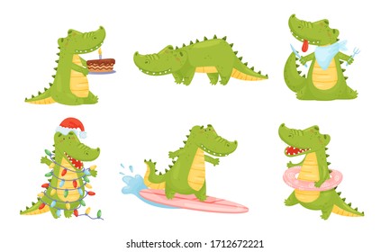 Toothy Friendly Crocodile Surfboarding and Decorating Himself with Fairy Lights Vector Set