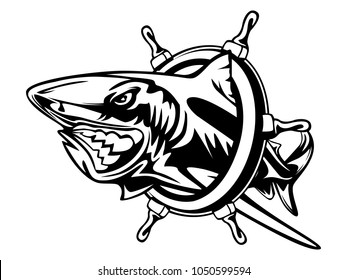 Toothy great white shark fishing logo. Strong shark fishing sports mascot emblem. Angry fish vector background.