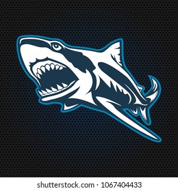 Toothy great white shark fishing logo. Strong shark fishing sports mascot emblem. Angry fish vector background.