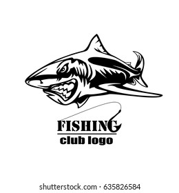 Toothy great white shark fishing logo. Strong shark sports mascot emblem. Angry fish vector background.