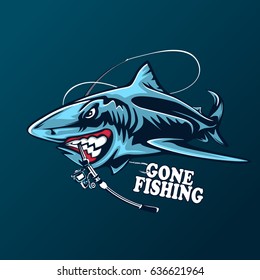 Toothy great white shark fishing logo. Strong shark sports mascot emblem. Angry fish vector background.