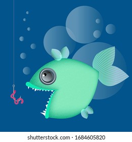 Toothy green fish on a blue background looking at a hook with a worm. Underwater life. Vector illustration.
