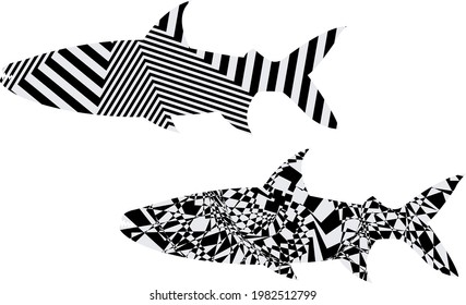 toothy predatory fish with patterns in the style of op art icons for seafood on a white background