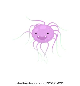 Toothy round pink bacterium with many long antennae closeup isolated on white background