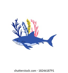Toothy Shark Floating Among Sea Weeds Vector Illustration. Sea Animal and Wild Underwater Fauna Concept