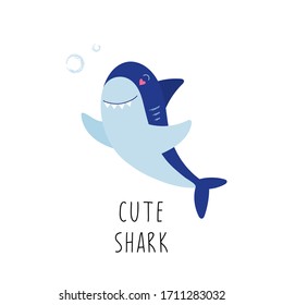 Toothy Shark. Underwater cute character. Baby print, card, invitation, banner. Children's vector illustration.