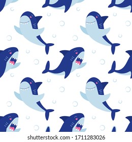 Toothy sharks seamless pattern. Underwater cute character. Baby print for wrapping, fabrics, wallpapers, textiles. Vector illustration.