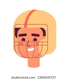 Toothy smiling young man wearing american football helmet semi flat vector character head. Editable cartoon avatar icon. Face emotion. Colorful spot illustration for web graphic design, animation