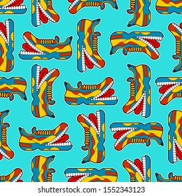Toothy Sneaker monster pattern seamless. Sneakers with teeth background. Angry hungry Sports shoes vector texture