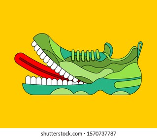 Toothy Sneaker monster. Sneakers with teeth.  Angry hungry Sports shoes vector illustration