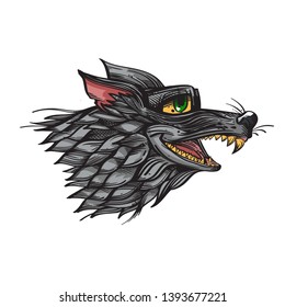 Toothy wolf head on a white background. Cartoon style.