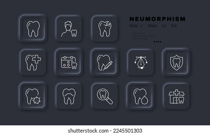 Tootrh set icon. Enamel, white smile, tooth structure, root, tick, magnifying glass, scheduled examination, clinic, cross, pill, crack, caries, whitening. Neomorphism style. Vector illustration