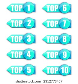 Top 1, 2, 3 ,0, 5, 6, 7, 8, 9, 10 word on blue ribbon arrow. Vector illustration. Stock picture.