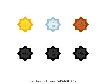 Top 1, 2, 3 stars. Flat, color, top 1 gold, top 2 silver, top 3 bronze stars. Vector icons