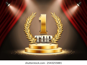 Top 1 award poster. Presentation on podium with red curtain illuminated by spotlights. Vector illustration.