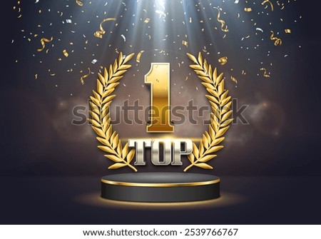 Top 1 award poster. Presentation on podium with golden laurel wreath and falling confetti. Vector illustration.
