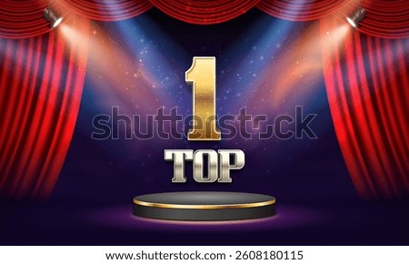 Top 1 award poster. Presentation best on podium with red curtain illuminated by spotlights. Vector illustration.
