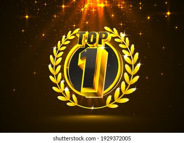 Top 1 best podium award sign, golden object. Vector illustration