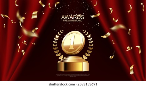 Top 1 best podium award sign, golden object. Vector illustration