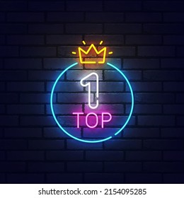 Top 1 neon sign, bright signboard, light banner. Top one logo neon, emblem. Vector illustration