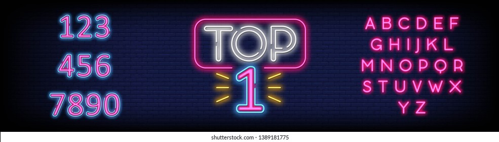 Top 1 Neon Text Vector. Top One neon sign  design template  modern trend design  night neon signboard  night bright advertising  light banner  light art. Vector. Editing text neon sign