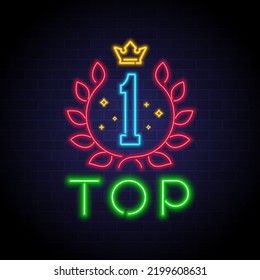 Top 1 symbol with neon light glowing illustration element