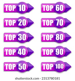 Top 10, 20, 30 ,40, 50, 60, 70, 80, 90, 100 word on purple ribbon arrow. Vector illustration. Stock picture.