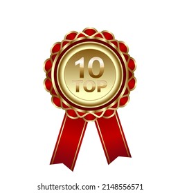 top 10 3d gold badge with red ribbon. vector
