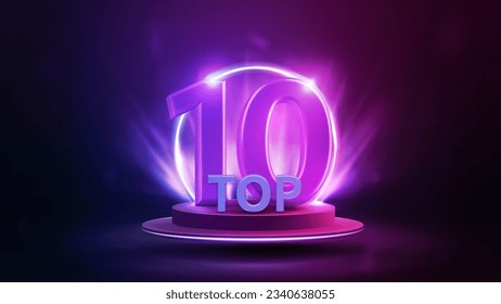 Top 10, banner with podium floating in the air with award, line gradient neon ring and spotlight on background svg