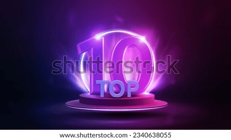 Top 10, banner with podium floating in the air with award, line gradient neon ring and spotlight on background